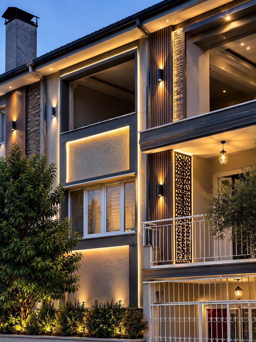 Aydın Yapı İnşaat tarafından yenilenen modern cephe, akşam ışıklandırması